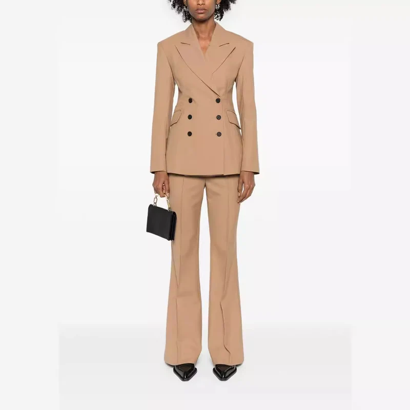 Damen Zweiteiliges tailliertes Doppelreihiges Blazer‑Hosenanzug mit ausgestellter Palazzohose Nord Taschen