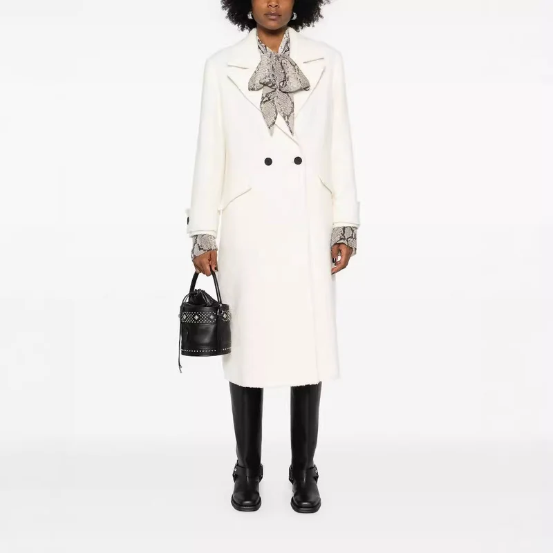 Damen Gerade geschnittener Midi-Wollmantel mit Oversize-Revers und verdeckter Knopfleiste Nord Taschen