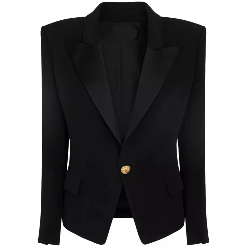 Damen Figurnaher Smokingblazer im Tailoring mit betonter Schulter und goldener Zierknopfleiste Nord Taschen