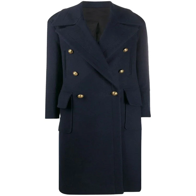 Damen Marineinspirierter Zweireiher-Longcoat aus Wollmix mit Oversize-Revers Nord Taschen