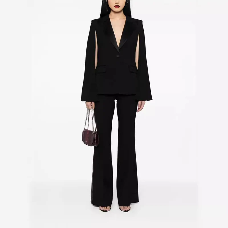 Damen Zweiteiliges Abendliches Blazer-Set mit Cape-Ärmeln und ausgestellten Marlene-Hosen Nord Taschen
