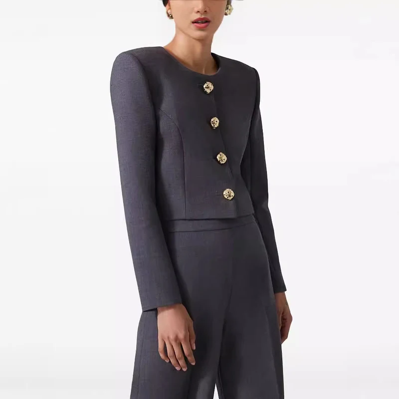 Damen Zweiteiliger Tailoring-Anzug Kurzblazer mit markanter Schulter und hochtaillierter Palazzohose Nord Taschen