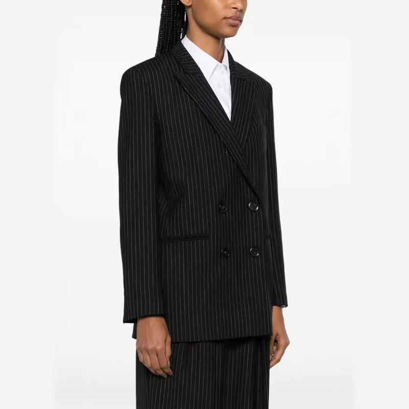 Damen Zweiteiliger Nadelstreifen-Anzug mit oversized Doppelreiher und weiten Bundfaltenhosen Nord Taschen