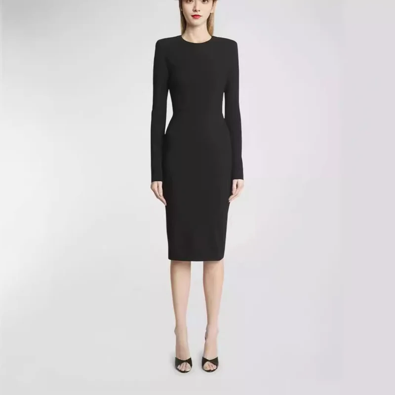 Damen Figurbetontes Midikleid mit Rundhalsausschnitt und langen Ärmeln Nord Taschen