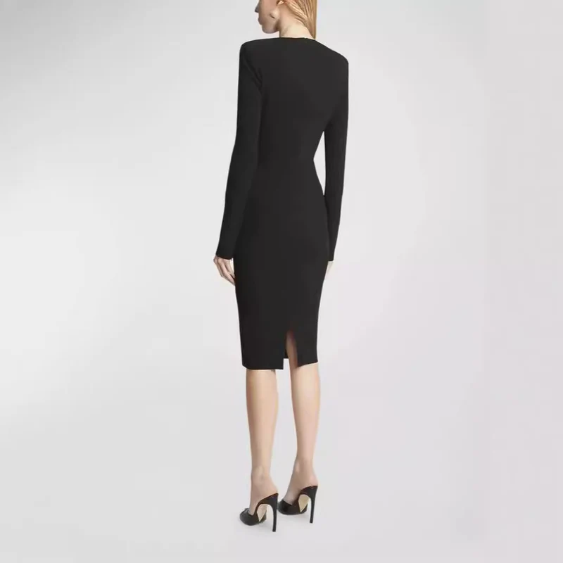 Damen Figurbetontes Midikleid mit Rundhalsausschnitt und langen Ärmeln Nord Taschen