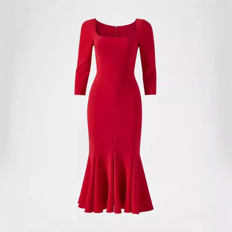 Damen Figurbetontes Midikleid mit quadratischem Ausschnitt und Meerjungfrauen-Saum Nord Taschen