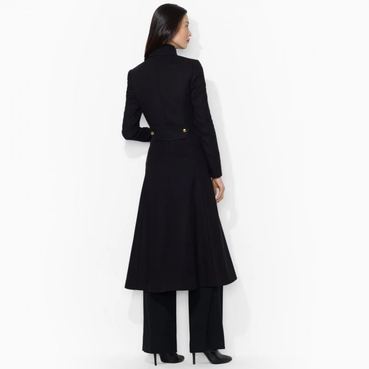 Damen Figurbetonter Maxilanger Mantel im ausgestellten A‑Linien‑Tailoring mit goldenen Zierknöpfen Nord Taschen
