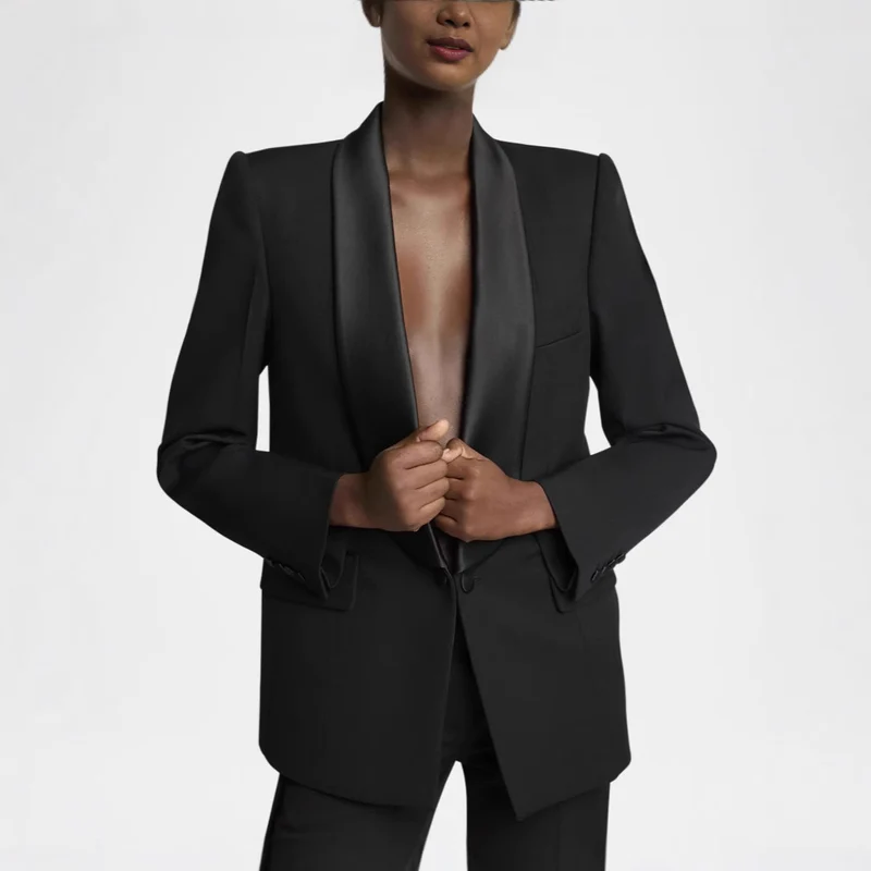 Damen Elegantes Smokingset mit Satin-Schalkragen und weitem Palazzohosen-Schnitt Nord Taschen
