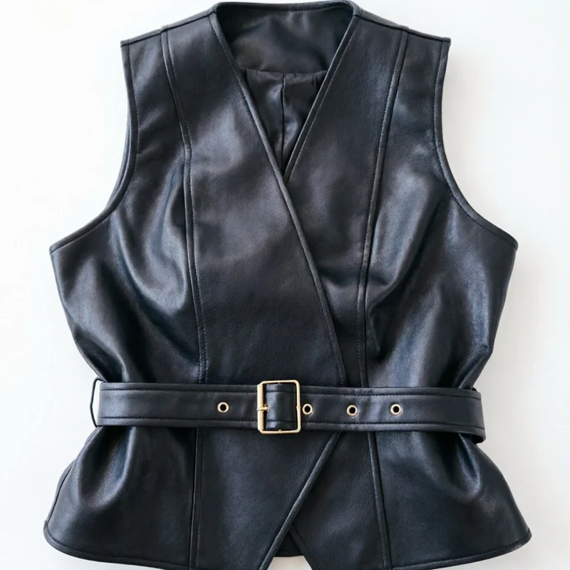 Damen Lederweste mit taillierendem Gürtel Nord Taschen