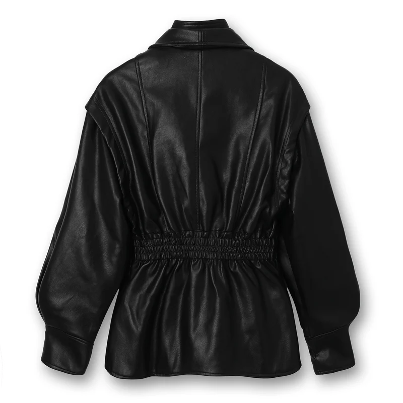 Damen Lederjacke mit taillierendem Kordelzug, großem Revers und voluminösen Ballonärmeln Nord Taschen