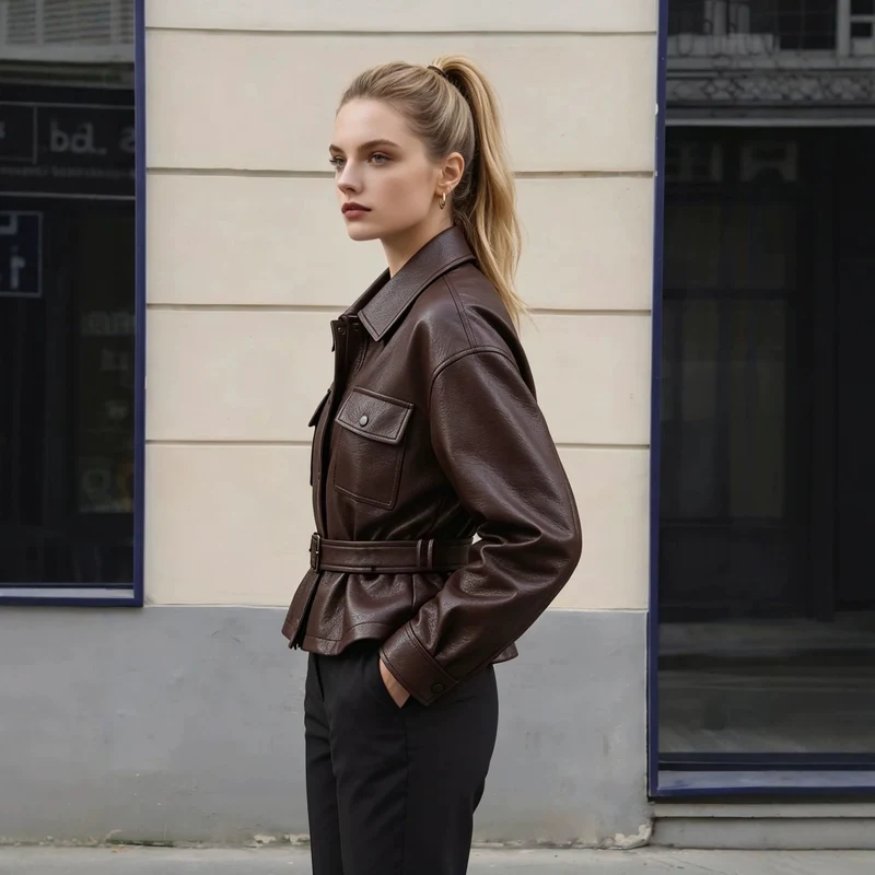Damen Lederjacke mit Taillengürtel und Oversized-Schnitt Nord Taschen