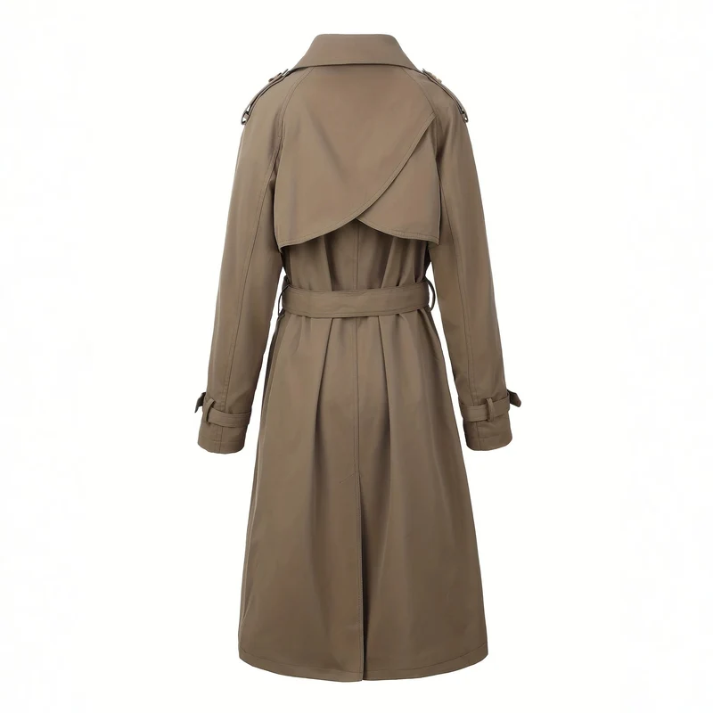 Damen Langer Doppelreihiger Trenchcoat mit Taillengürtel und Epauletten Nord Taschen