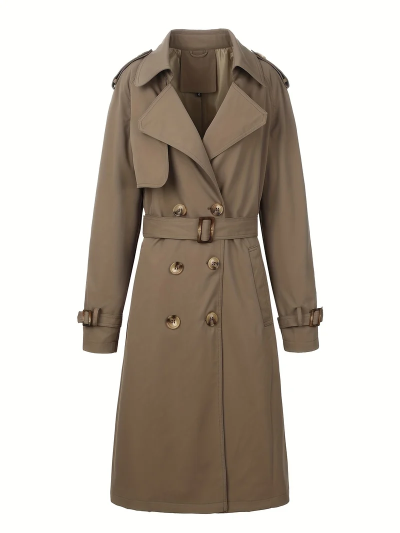 Damen Langer Doppelreihiger Trenchcoat mit Taillengürtel und Epauletten Nord Taschen