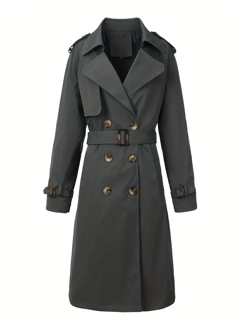 Damen Langer Doppelreihiger Trenchcoat mit Taillengürtel und Epauletten Nord Taschen