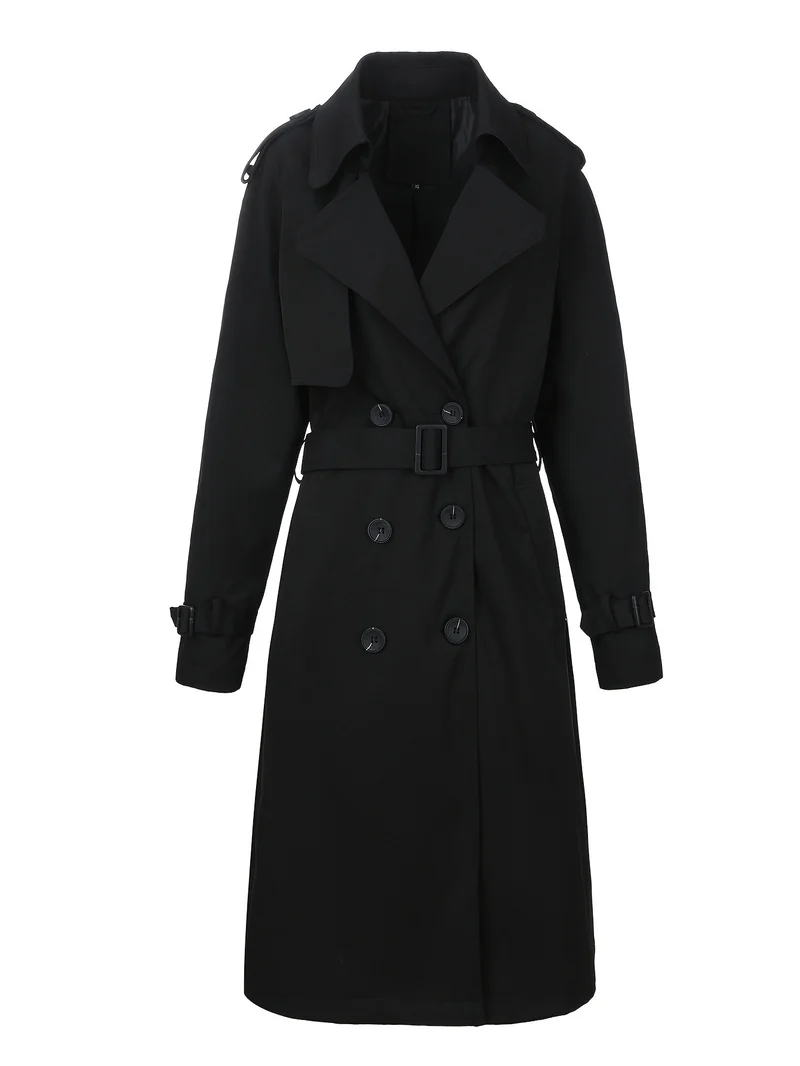 Damen Langer Doppelreihiger Trenchcoat mit Taillengürtel und Epauletten Nord Taschen