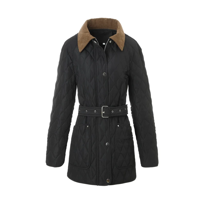 Damen Lange Steppjacke-Mantel mit tailliertem Gürtel und Kontrast-Cordkragen Nord Taschen