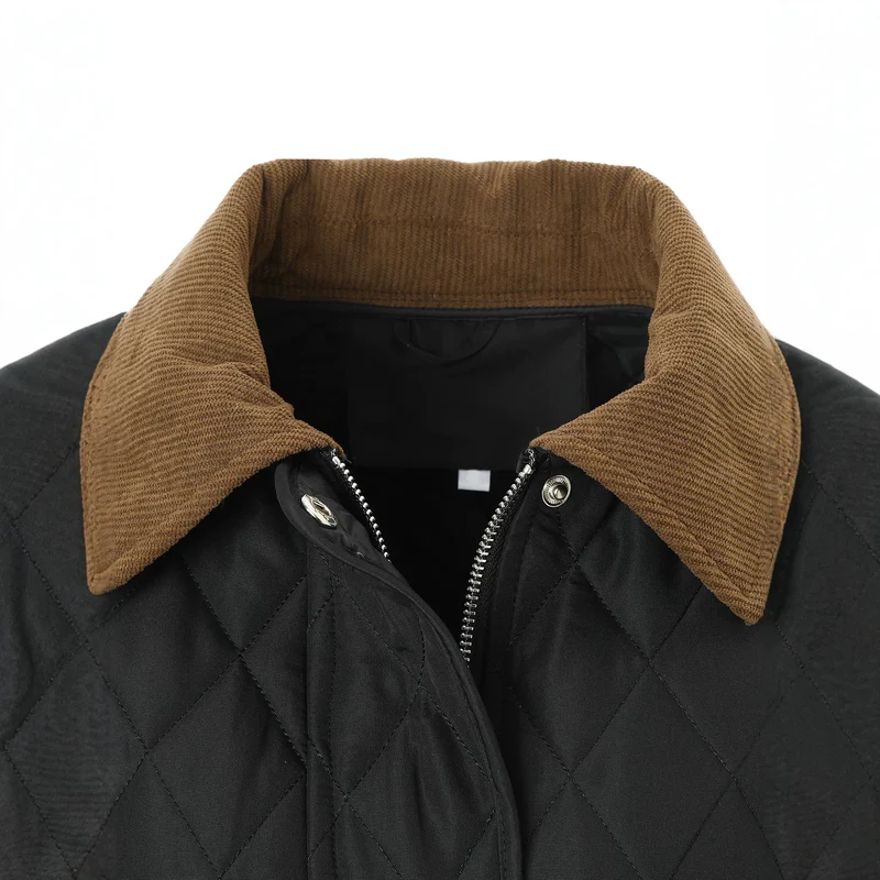 Damen Lange Steppjacke-Mantel mit tailliertem Gürtel und Kontrast-Cordkragen Nord Taschen