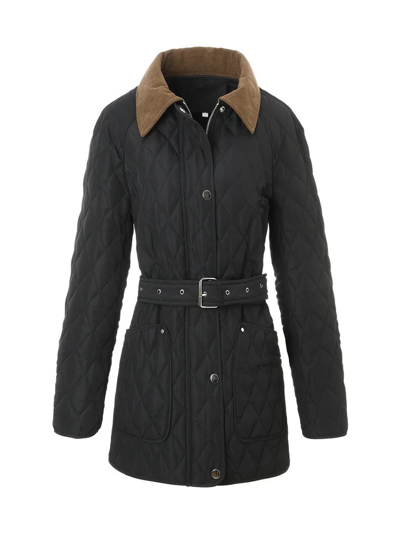 Damen Lange Steppjacke-Mantel mit tailliertem Gürtel und Kontrast-Cordkragen Nord Taschen