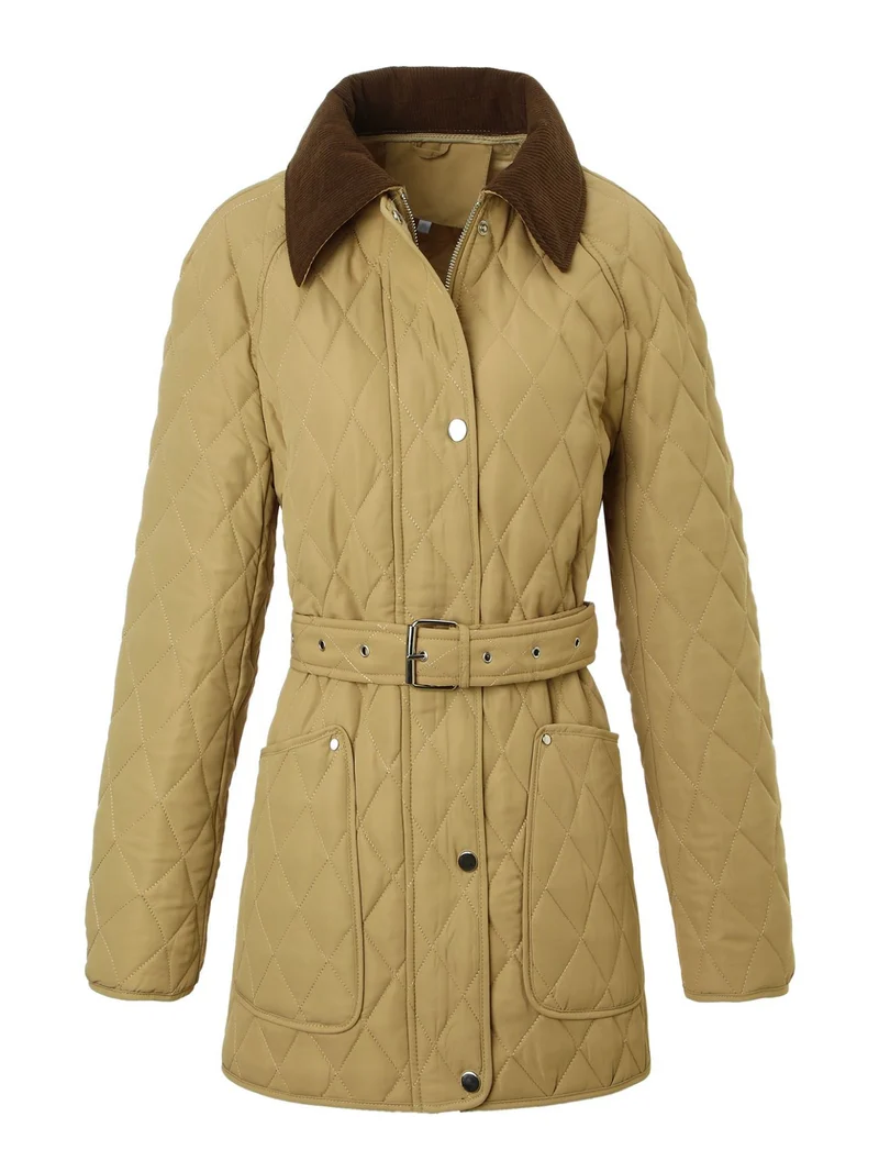 Damen Lange Steppjacke-Mantel mit tailliertem Gürtel und Kontrast-Cordkragen Nord Taschen