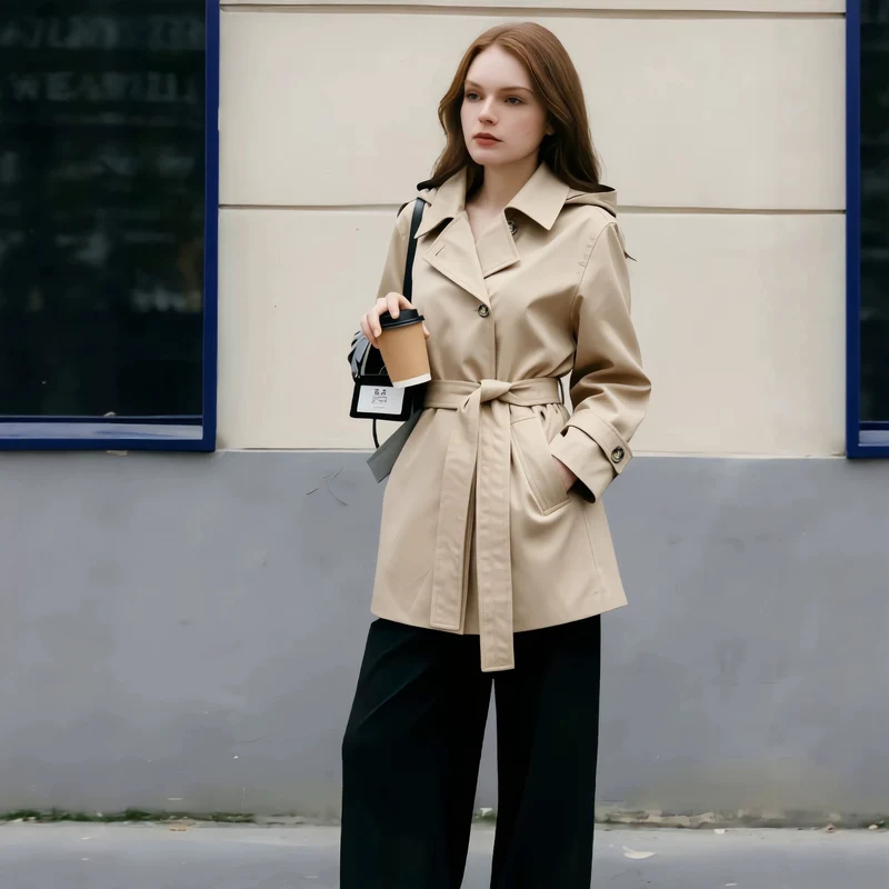 Damen Kurztrenchcoat mit tailliertem Bindegürtel und weitem Revers Nord Taschen