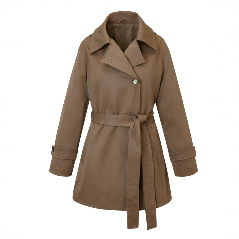 Damen Kurztrenchcoat mit tailliertem Bindegürtel und weitem Revers Nord Taschen