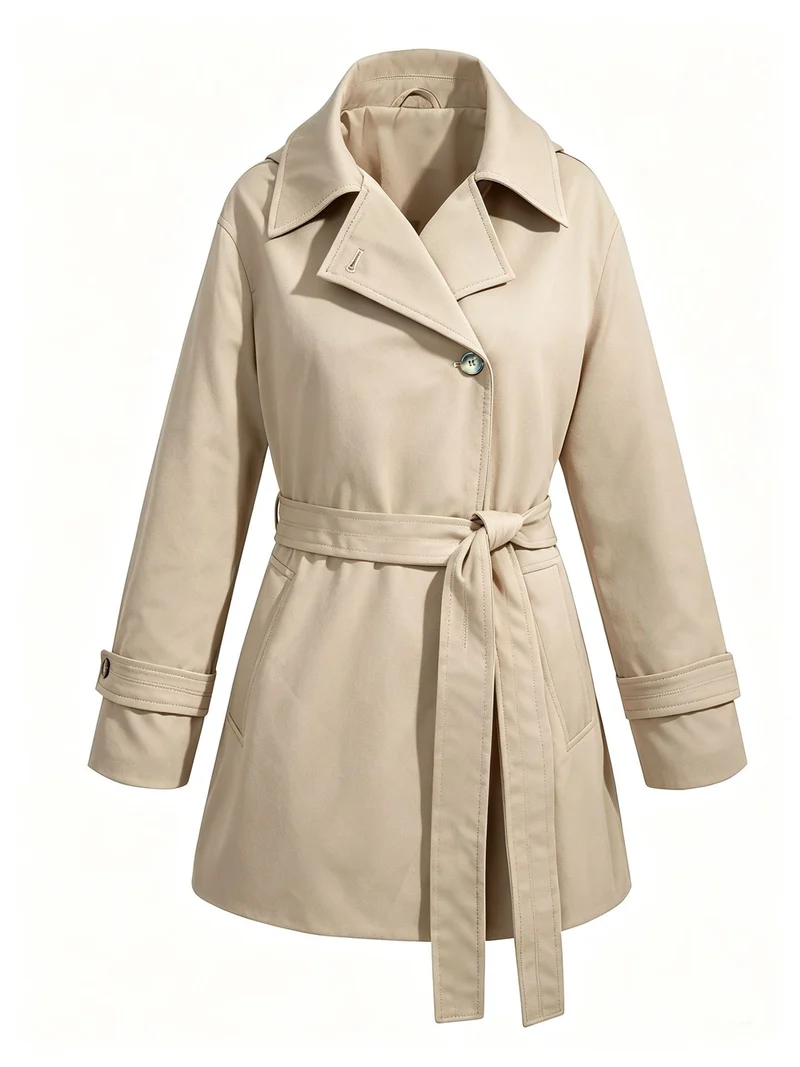 Damen Kurztrenchcoat mit tailliertem Bindegürtel und weitem Revers Nord Taschen
