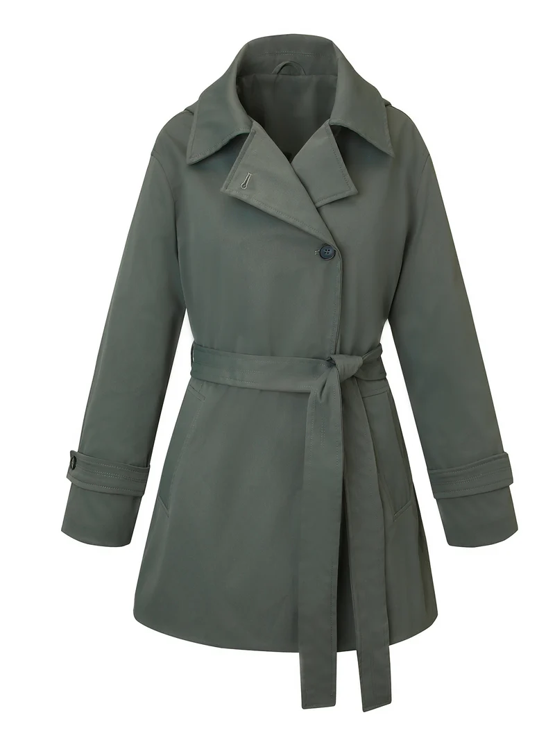 Damen Kurztrenchcoat mit tailliertem Bindegürtel und weitem Revers Nord Taschen