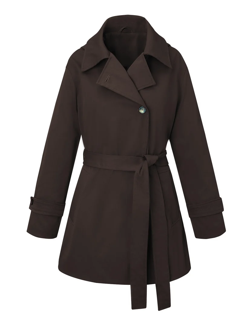 Damen Kurztrenchcoat mit tailliertem Bindegürtel und weitem Revers Nord Taschen