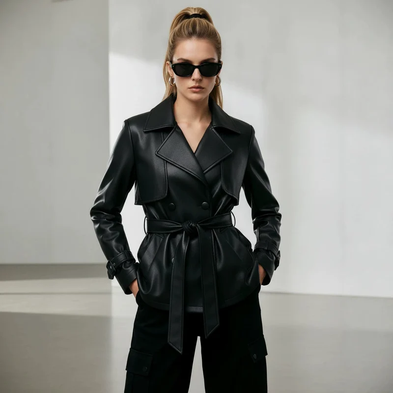 Damen Kurztrench aus Lederoptik mit doppelreihiger Knopfleiste und Taillengürtel Nord Taschen