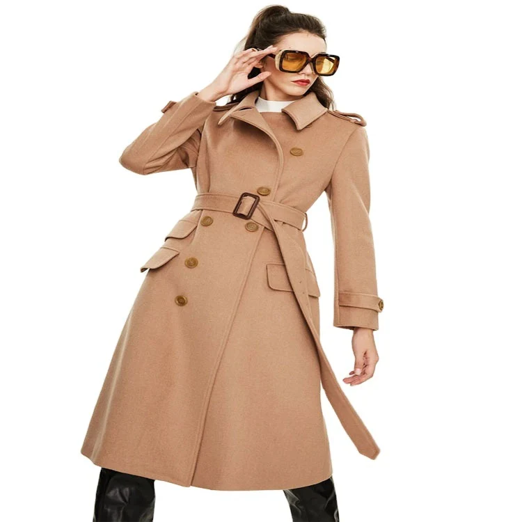 Damen taillierter A‑Linien Trenchcoat aus Woll‑Kaschmirmix mit Taillengürtel und Patten Nord Taschen