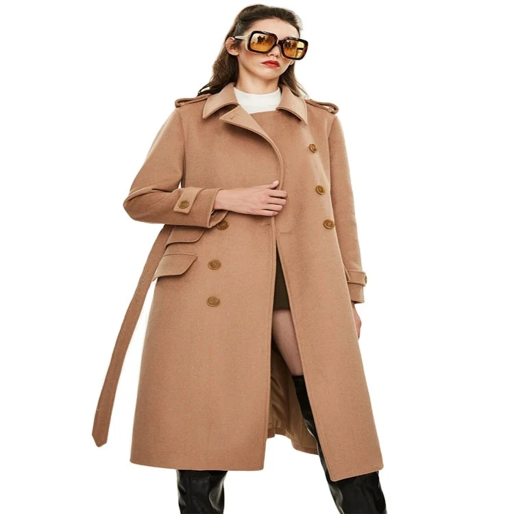 Damen taillierter A‑Linien Trenchcoat aus Woll‑Kaschmirmix mit Taillengürtel und Patten Nord Taschen