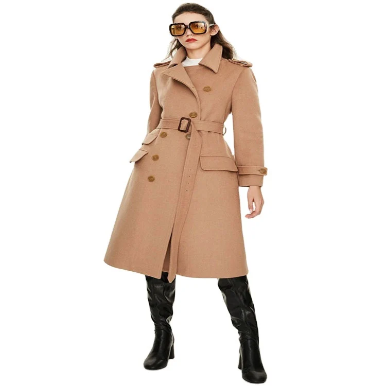Damen taillierter A‑Linien Trenchcoat aus Woll‑Kaschmirmix mit Taillengürtel und Patten Nord Taschen