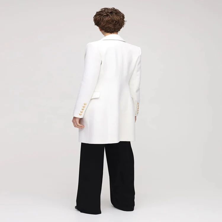 Damen Schmalgeschnittener Zweireihiger Wollmix-Longcoat mit markanter Schulter und goldenen Zierrundknöpfen Nord Taschen