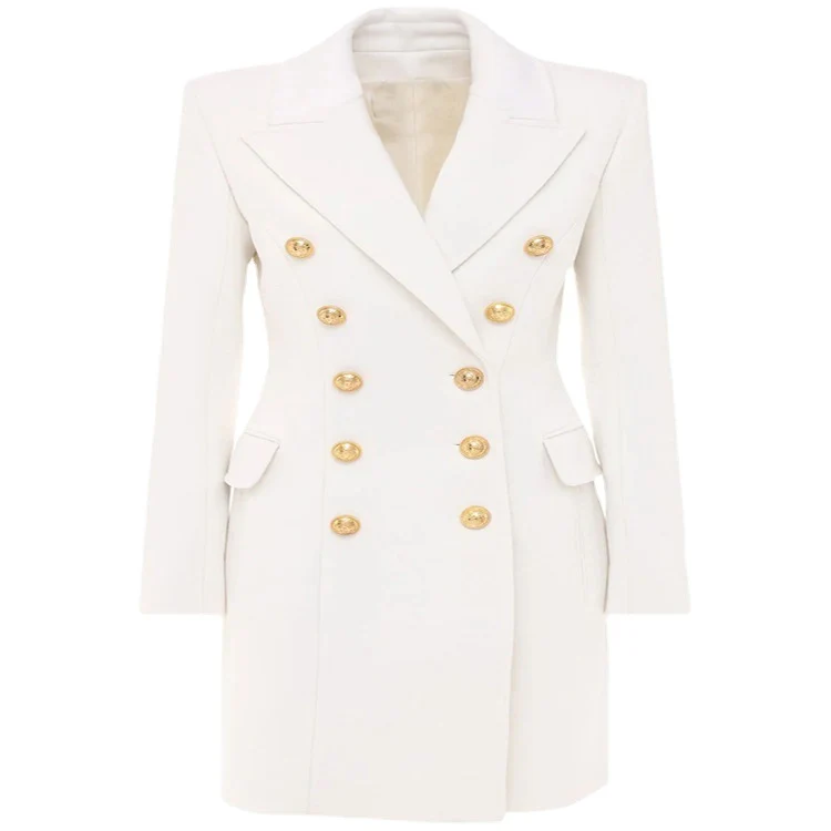 Damen Schmalgeschnittener Zweireihiger Wollmix-Longcoat mit markanter Schulter und goldenen Zierrundknöpfen Nord Taschen