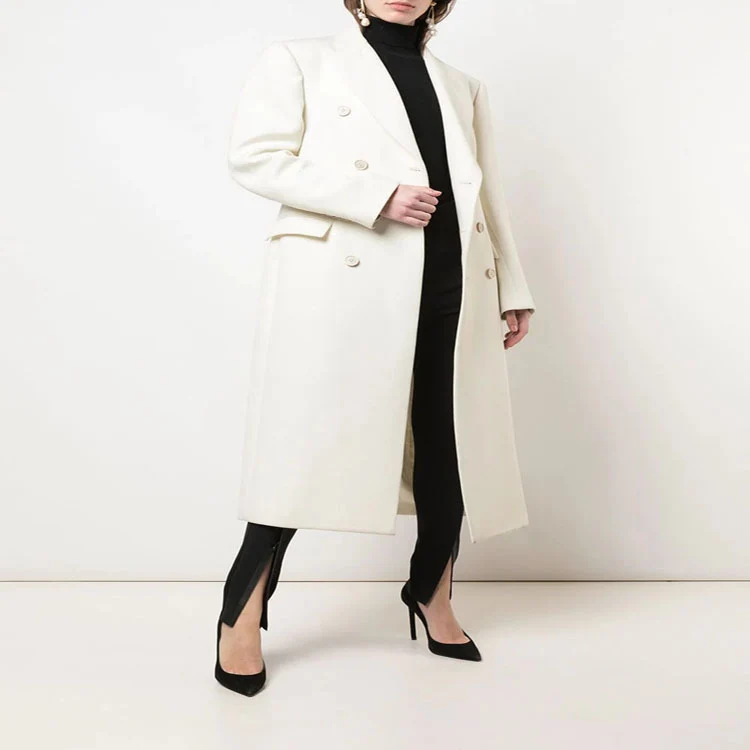 Damen Schmal geschnittener zweireihiger Wollmix‑Longcoat mit markanter Schulter Nord Taschen
