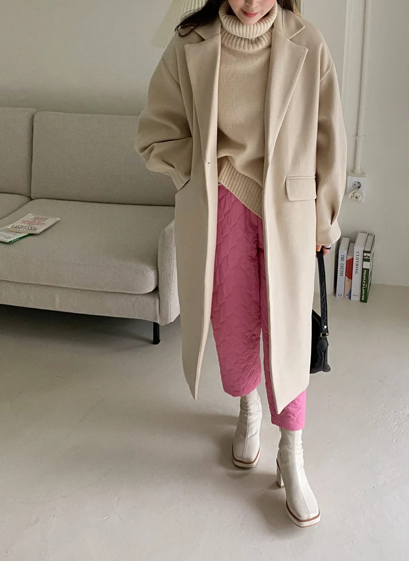 Damen Longline Wollmix-Mantel mit kastiger Oversize-Passform und cleanem Revers Nord Taschen