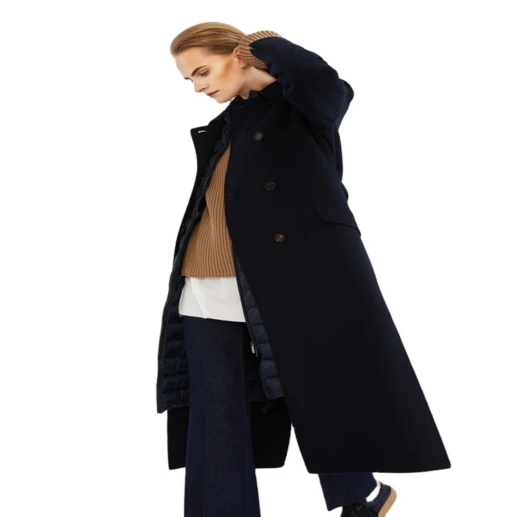 Damen Longcoat im minimalistischen Mantelkleid‑Look mit verdeckter Doppelreihe und Stoffgürtel Nord Taschen