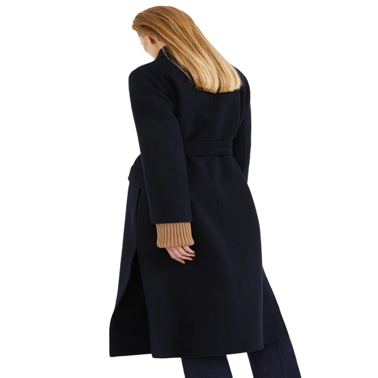 Damen Longcoat im minimalistischen Mantelkleid‑Look mit verdeckter Doppelreihe und Stoffgürtel Nord Taschen