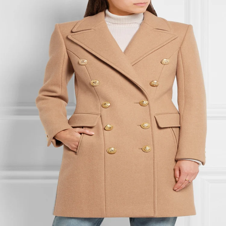 Damen Wollmix‑Longcoat im Marine‑Tailoring mit konturierter Taillierung und goldenen Zierrundknöpfen Nord Taschen