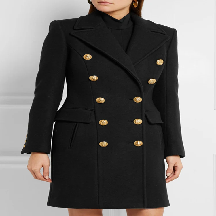 Damen Wollmix‑Longcoat im Marine‑Tailoring mit konturierter Taillierung und goldenen Zierrundknöpfen Nord Taschen