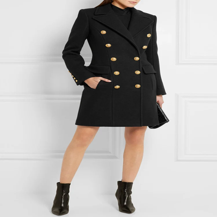 Damen Wollmix‑Longcoat im Marine‑Tailoring mit konturierter Taillierung und goldenen Zierrundknöpfen Nord Taschen