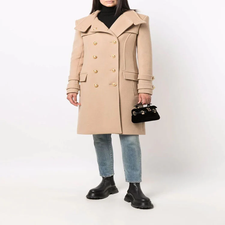 Damen Eleganter Wollmix-Longcoat im Marineinspirierten Doppelreiher mit Oversized-Schalkragen und Zierärmeln Nord Taschen