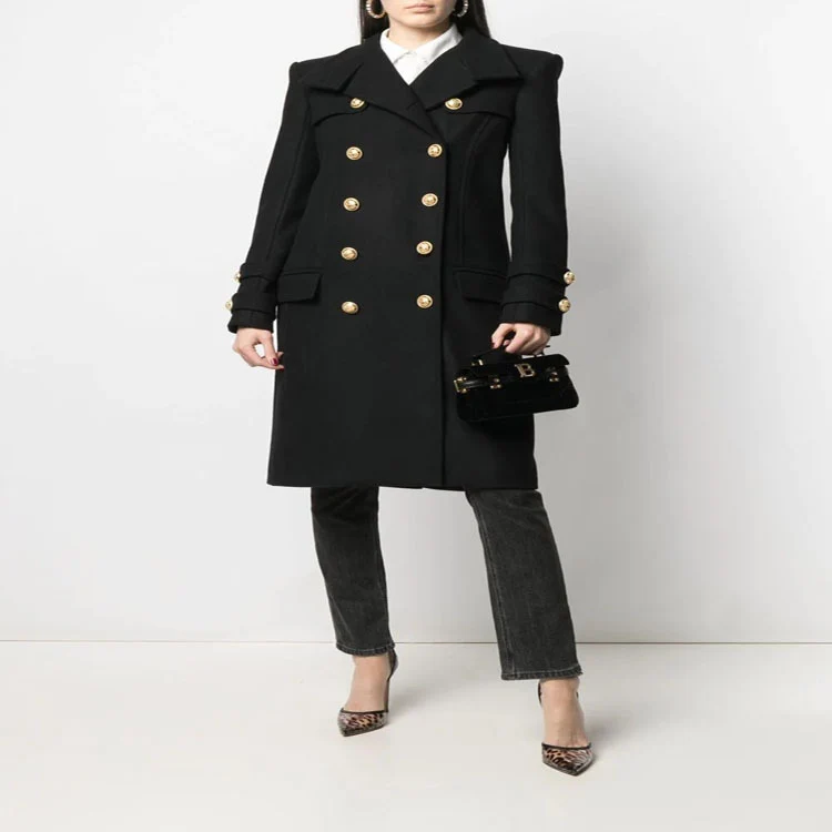 Damen Eleganter Wollmix-Longcoat im Marineinspirierten Doppelreiher mit Oversized-Schalkragen und Zierärmeln Nord Taschen