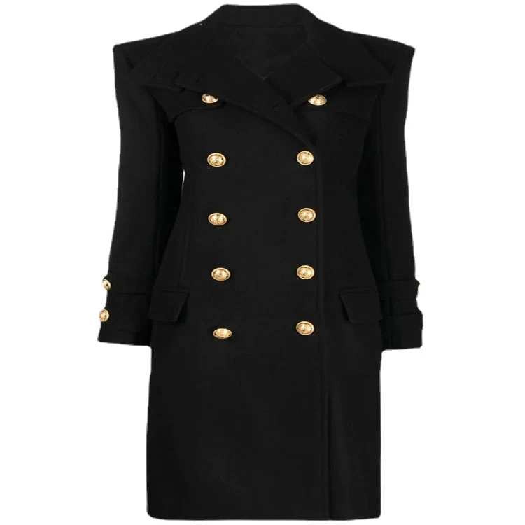 Damen Eleganter Wollmix-Longcoat im Marineinspirierten Doppelreiher mit Oversized-Schalkragen und Zierärmeln Nord Taschen