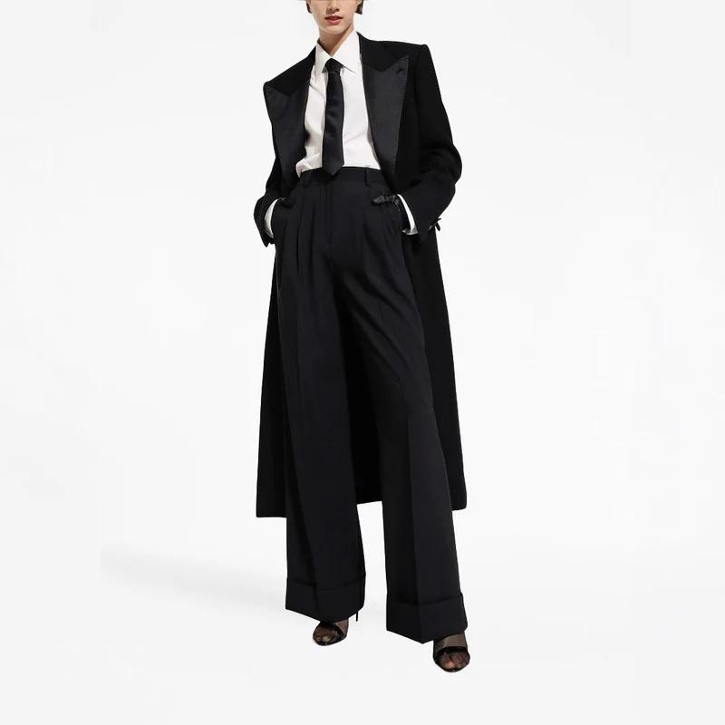 Damen Eleganter Smoking-Hosenanzug mit langem Mantel und weiten Bundfaltenhosen Nord Taschen