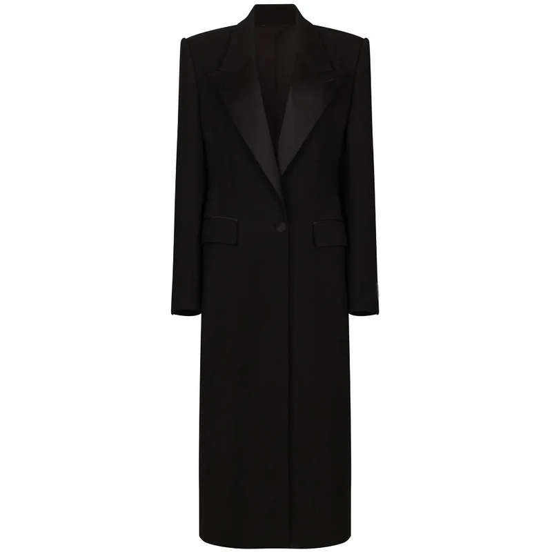 Damen Eleganter Smoking-Hosenanzug mit langem Mantel und weiten Bundfaltenhosen Nord Taschen