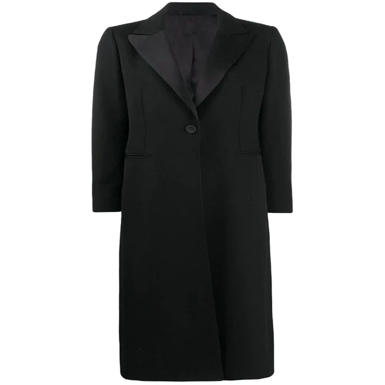 Damen Eleganter Einreihiger Longmantel im Smokingschnitt mit schmalem Revers und Satinbesatz Nord Taschen