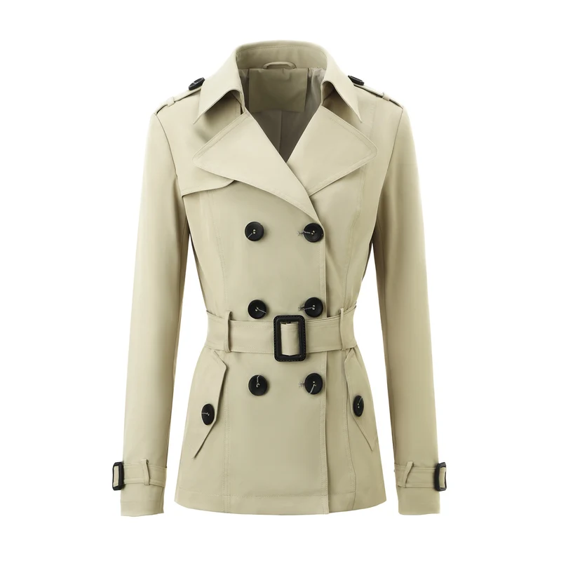 Damen Kurztaillierter Doppelreihiger Trenchcoat mit markanter Gürtelschnalle Nord Taschen