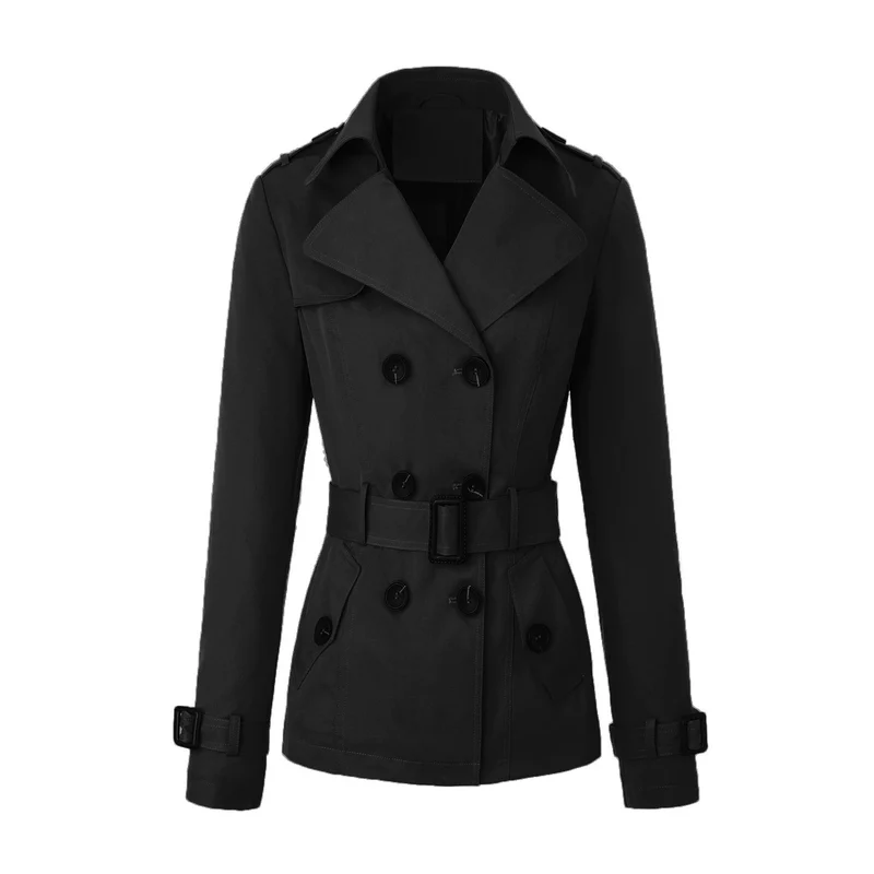 Damen Kurztaillierter Doppelreihiger Trenchcoat mit markanter Gürtelschnalle Nord Taschen