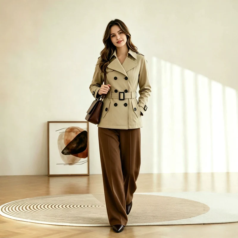 Damen Kurztaillierter Doppelreihiger Trenchcoat mit markanter Gürtelschnalle Nord Taschen